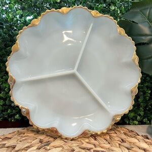 Anchor Hocking Fire King Milk Glass Divided Relish Tray Gold Trim Three Sections